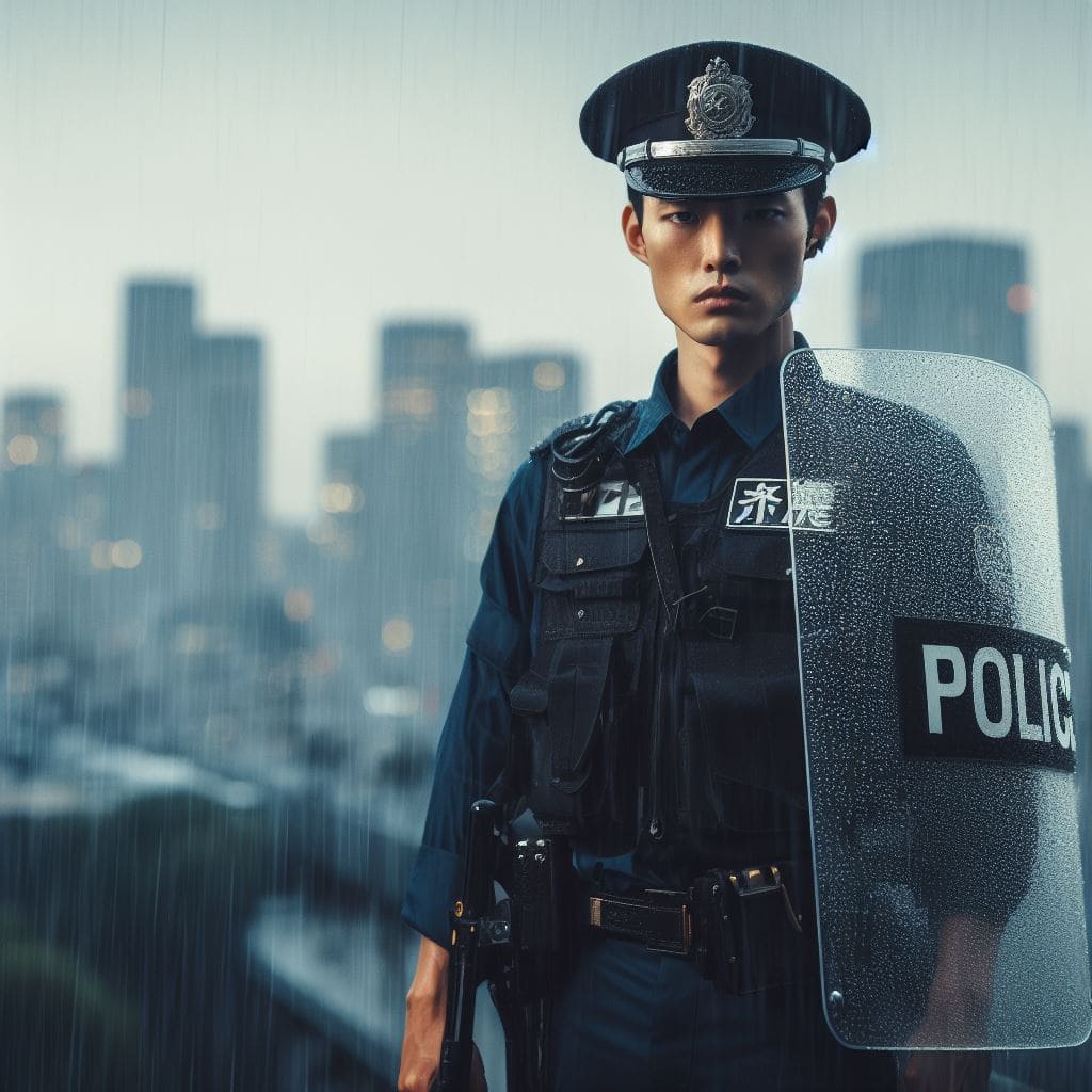 警察学校で盾を持つ男性警察官