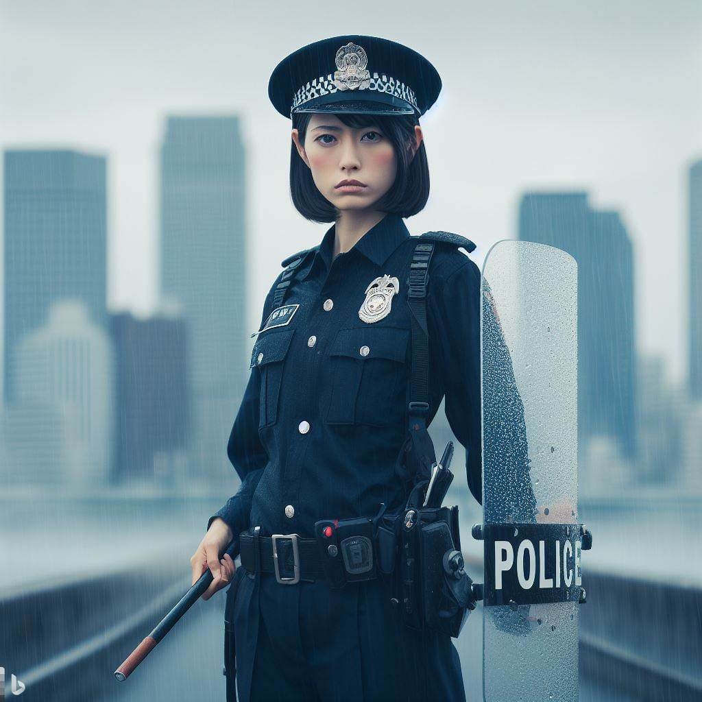 女性警察官が警察学校で体力を鍛えるため盾を持つ画像